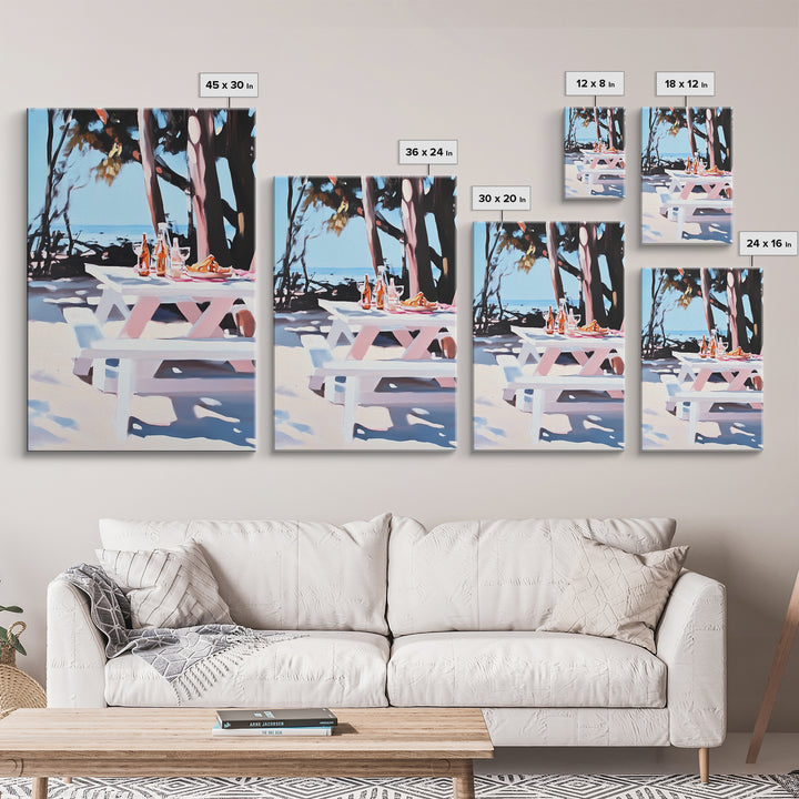 Picnic Wine, Beach Art, Coastal, Relaxing, Dining, Summer, Ocean, Boho, Aesthetic, Outdoor Living, Pastel, Canvas Print