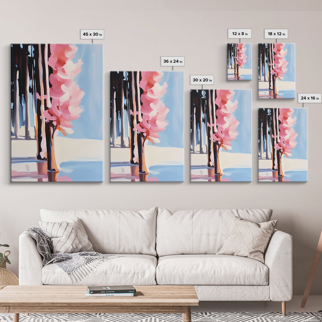Pink Blossoms, Nature, Floral, Botanical, Spring, Bloom, Elegant, Soft Tones, Romantic, Minimalist, Aesthetic, Framed Canvas Print