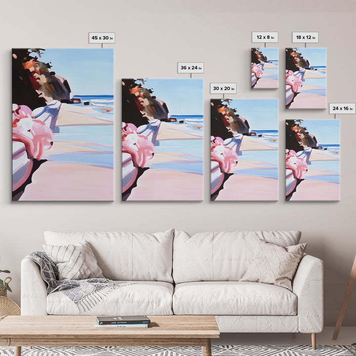 Ocean View, Coastal, Beach House, Serene, Dreamy, Pink Accents, Soft Hues, Summer, Relaxing, Minimalist, Boho, Canvas Print