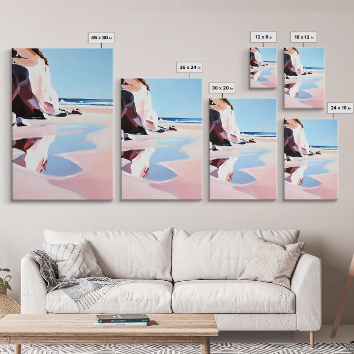 Cliffside Beach, Coastal Retreat, Relaxing Seascape, Ocean View, Soft Pastels, Tranquil Art, Summer Vibes, Framed Canvas Print