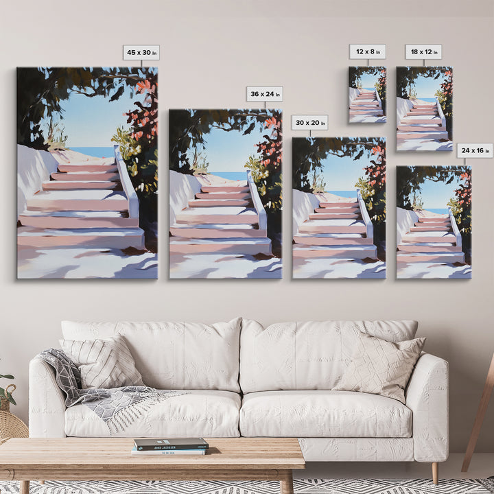 Beach Stairs, Seaside Getaway, Summer Vibes, Tropical Aesthetic, Warm Sunlight, Coastal Home Decor, Framed Canvas Print, Entryway