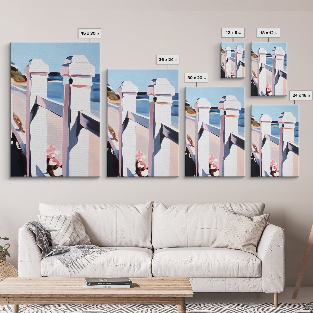 Coastal Railing, Seaside Escape, Nautical Aesthetic, Framed Canvas Print, Beach House Wall Art, Ocean View Decor, Minimalist Blue Art