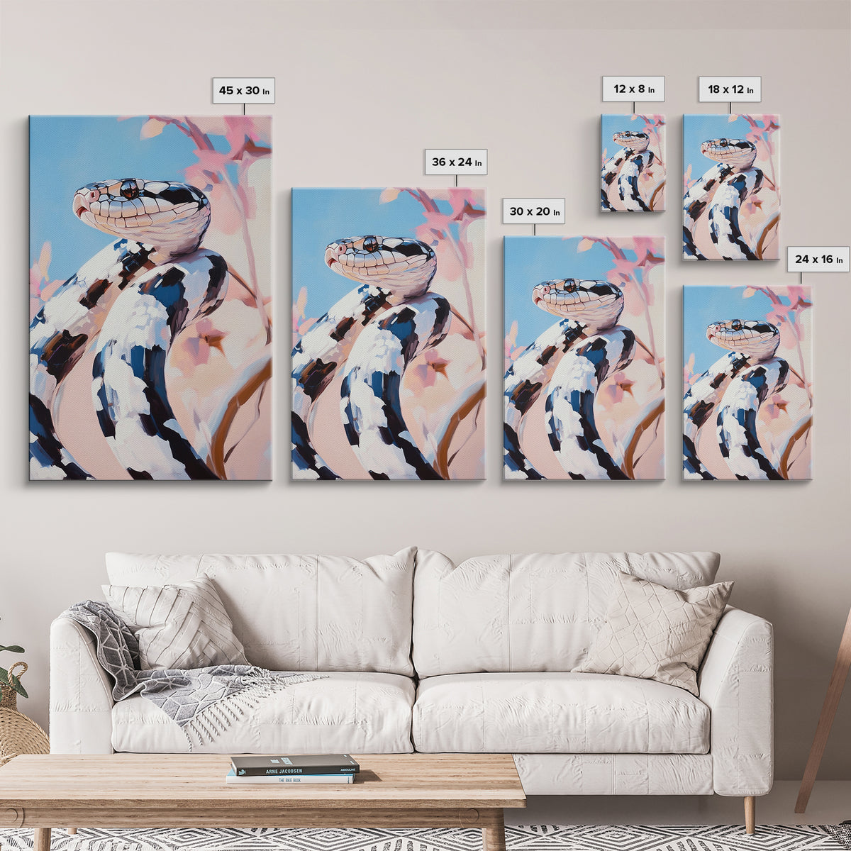 Black and White Snake, Nature Portrait, Wildlife Art, Framed Canvas Print, Jungle Theme Decor, Modern Animal Wall Art, Office Accent