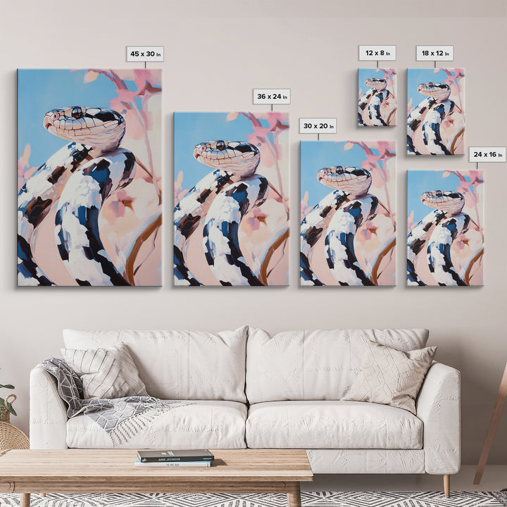 Black and White Snake, Nature Portrait, Wildlife Art, Framed Canvas Print, Jungle Theme Decor, Modern Animal Wall Art, Office Accent