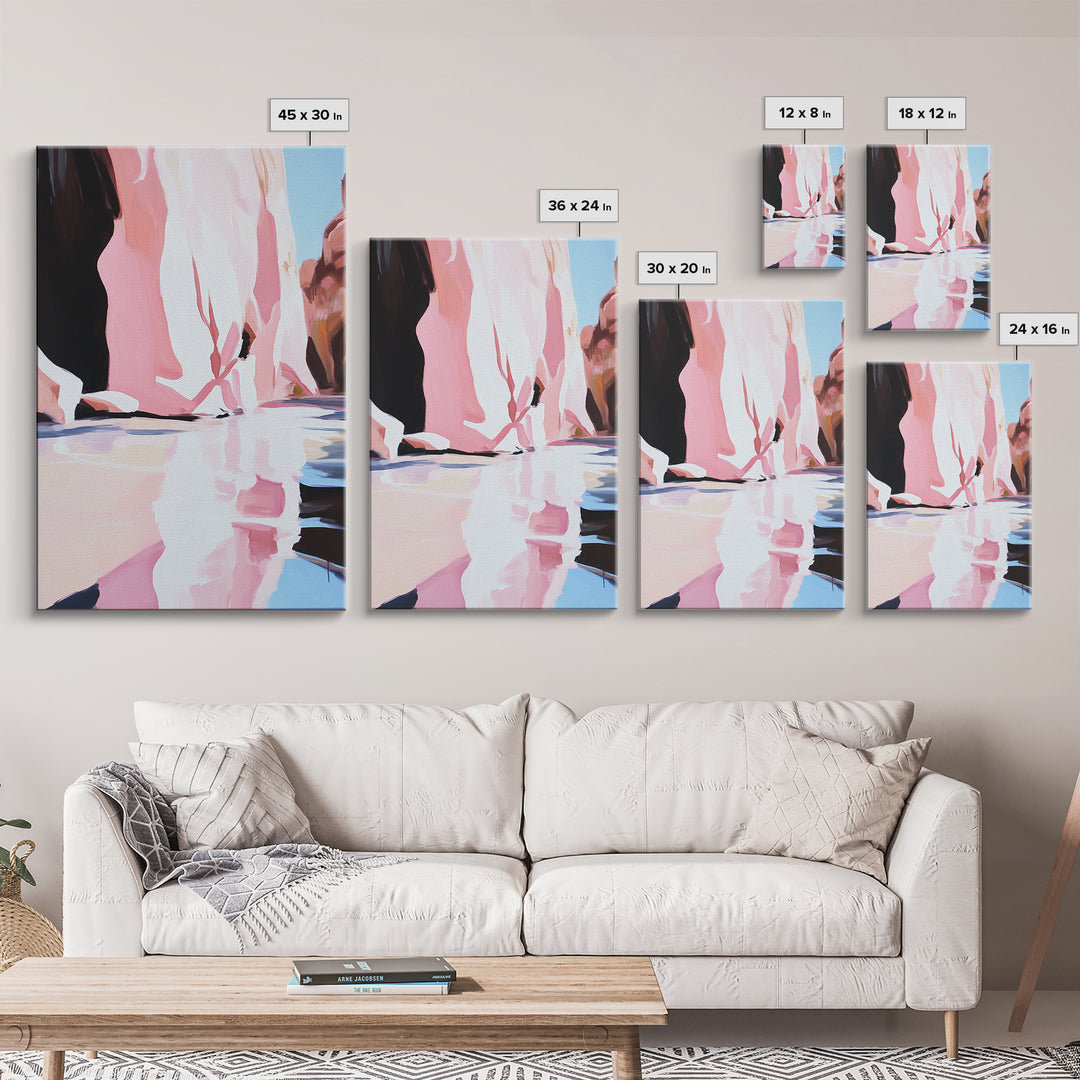 Cliffside Reflection, Coastal Wall Art, Beach House Decor, Blue and Pink Minimalist, Living Room Art, Framed Canvas Print