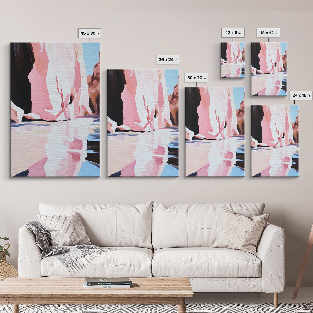 Cliffside Reflection, Coastal Wall Art, Beach House Decor, Blue and Pink Minimalist, Living Room Art, Framed Canvas Print