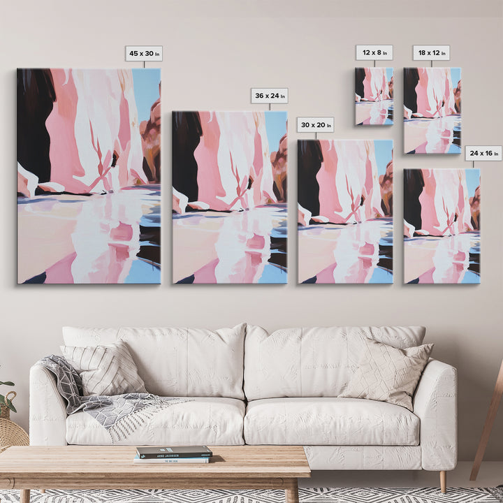 Cliffside Reflection, Coastal Wall Art, Beach House Decor, Blue and Pink Minimalist, Living Room Art, Framed Canvas Print