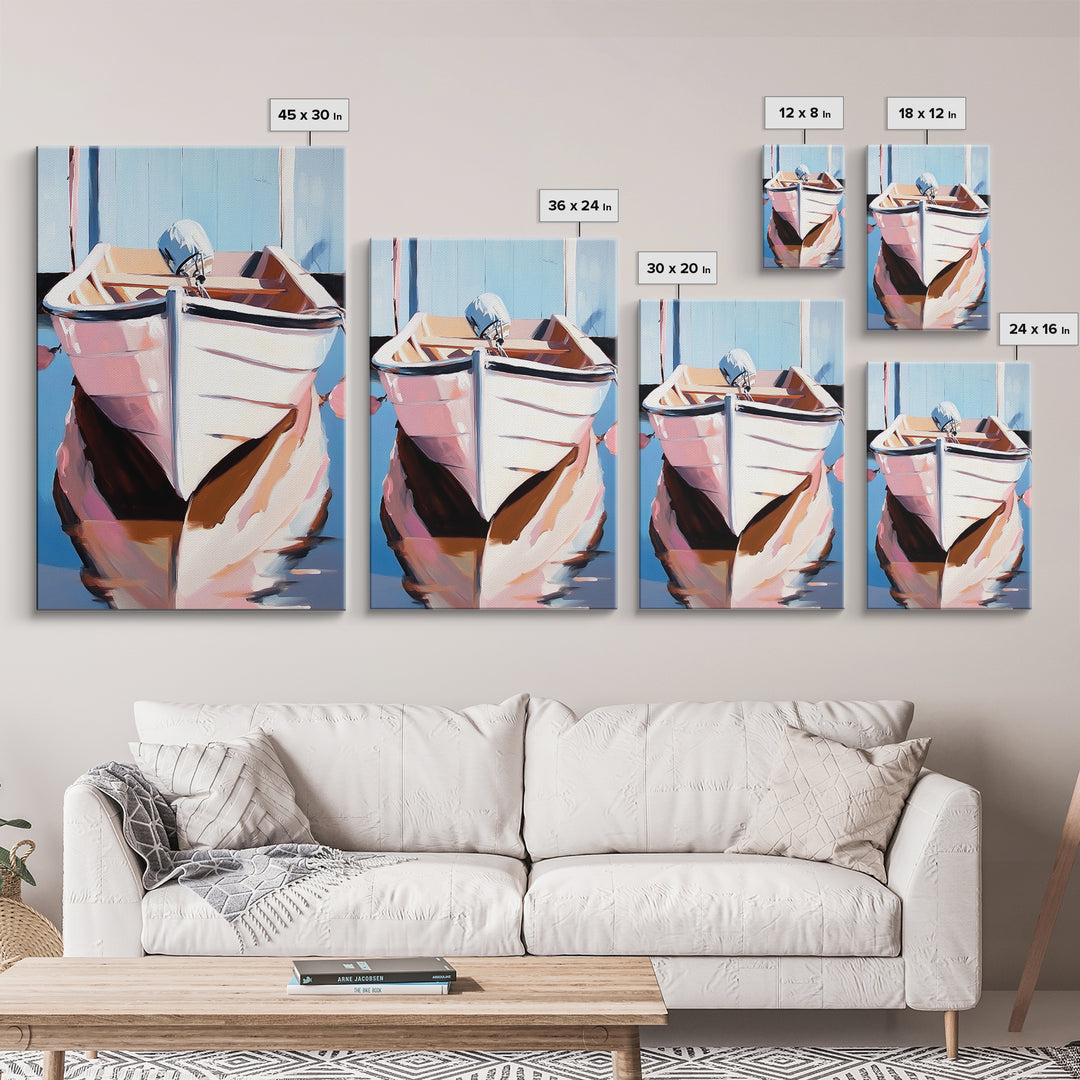 Rustic Boat, Nautical Wall Art, Coastal Home Decor, Seaside Aesthetic, Soft Pastels, Framed Canvas Print, Living Room