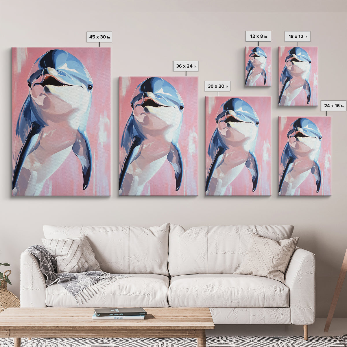 Dolphin Portrait, Ocean Animal Art, Beach House Wall Decor, Coastal Aesthetic, Nautical Art Print, Framed Canvas Print, Pastel Home Decor