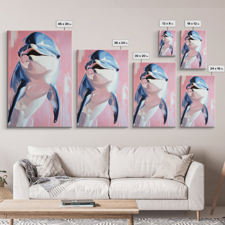 Dolphin Portrait, Ocean Animal Art, Beach House Wall Decor, Coastal Aesthetic, Nautical Art Print, Framed Canvas Print, Pastel Home Decor