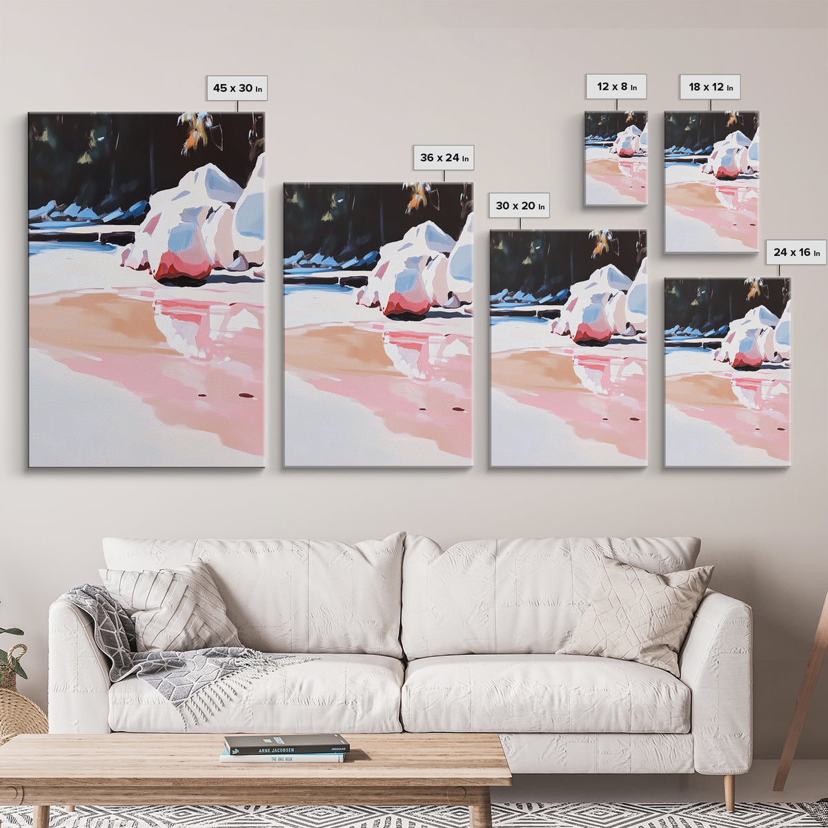 Rocky Shoreline, Water Reflections, Tranquil Landscape, Canvas Print, Nature Inspired Art, Modern Home Decor, Bedroom Wall Art