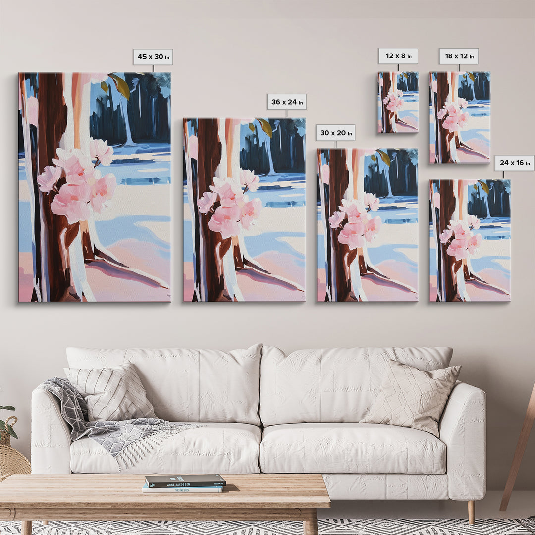 Cherry Blossoms, Winter Trees, Modern Nature Art, Seasonal Wall Art, Framed Canvas Print, Botanical Home Decor, Living Room Artwork