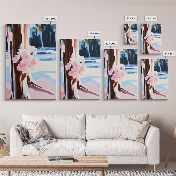 Cherry Blossoms, Winter Trees, Modern Nature Art, Seasonal Wall Art, Framed Canvas Print, Botanical Home Decor, Living Room Artwork