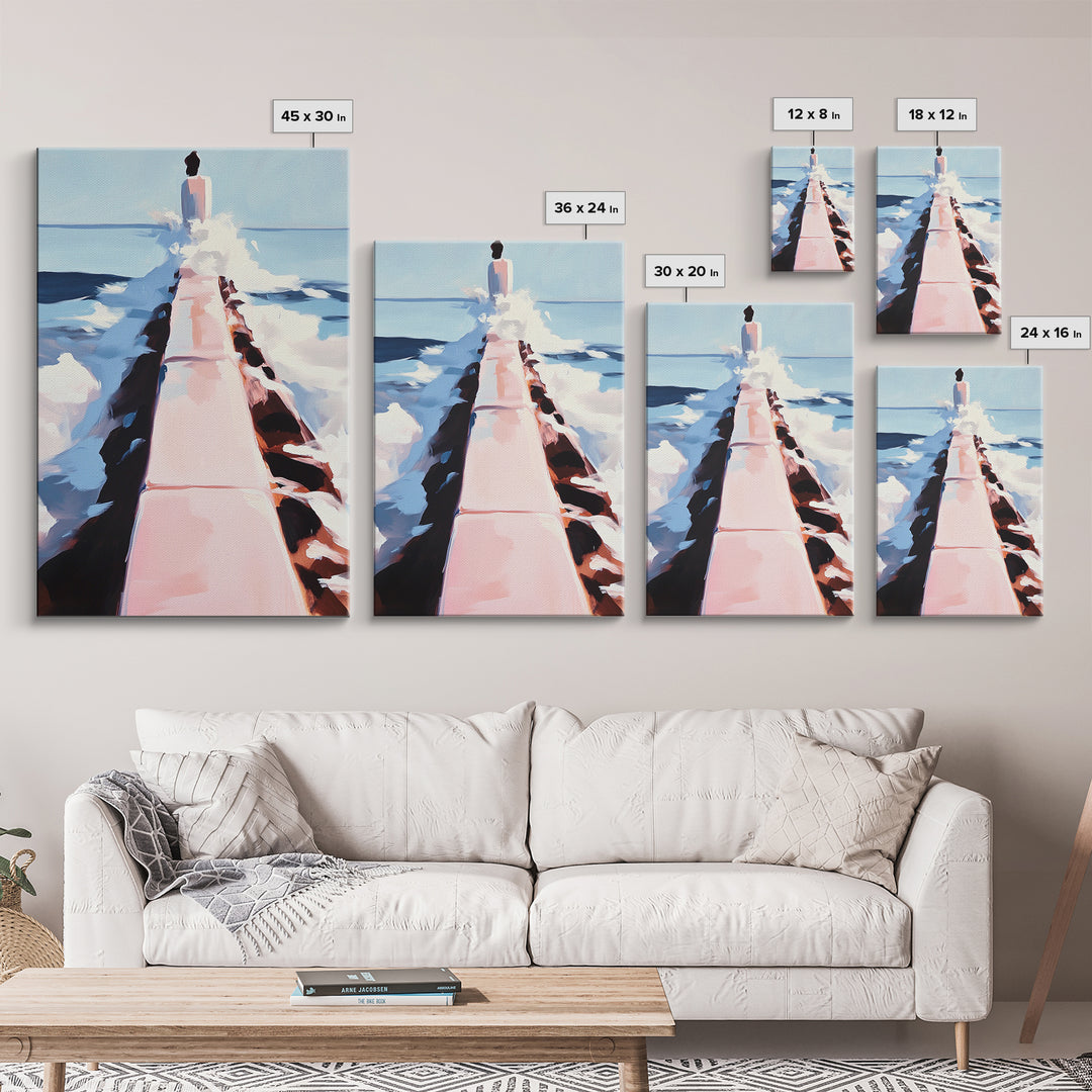 Ocean Walkway, Coastal Landscape, Serene Beach Wall Art, Relaxing Seascape Painting, Framed Canvas Print, Modern Minimalist Wall Art