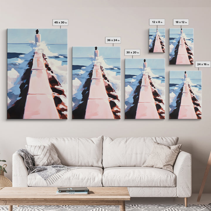 Ocean Walkway, Coastal Landscape, Serene Beach Wall Art, Relaxing Seascape Painting, Framed Canvas Print, Modern Minimalist Wall Art