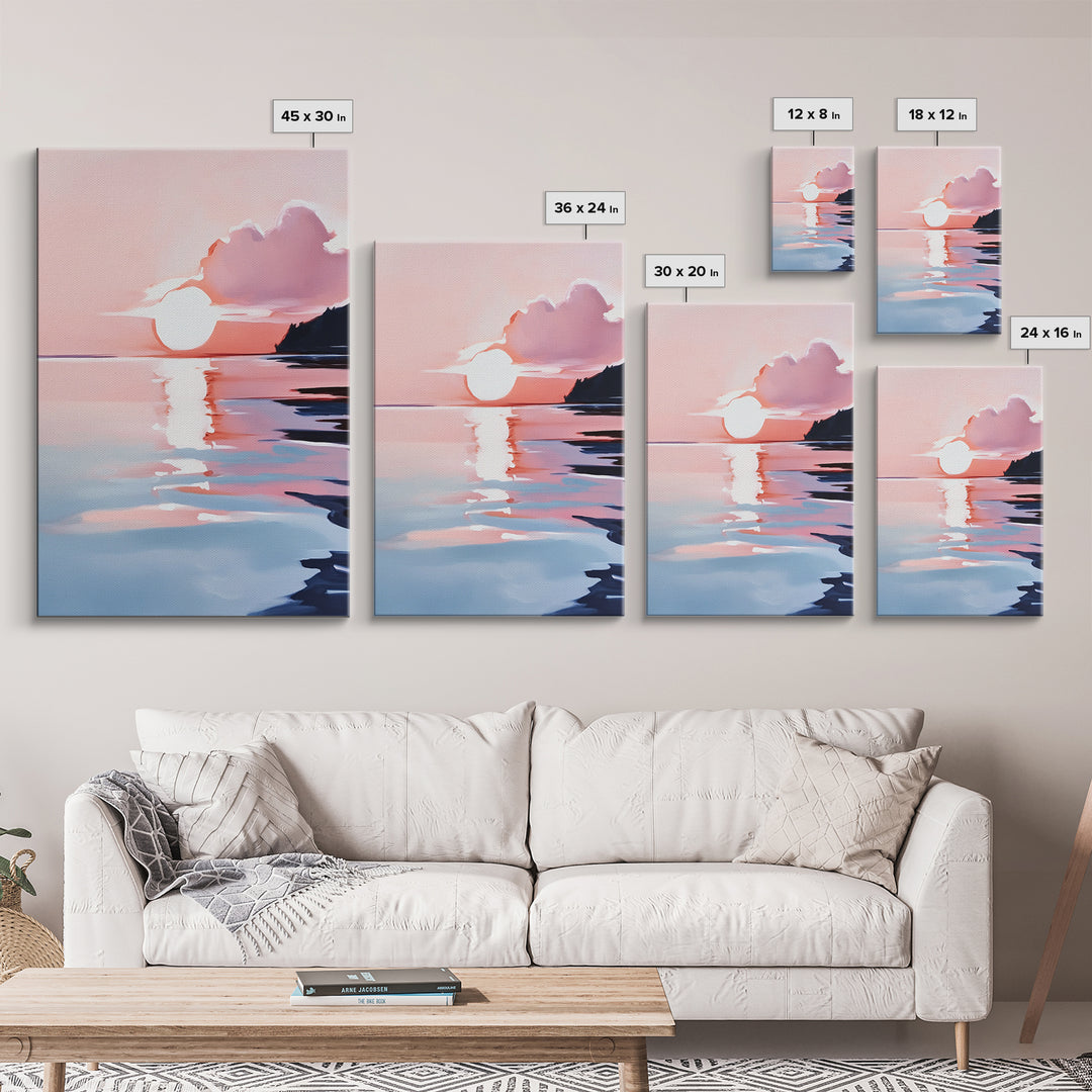 Ocean Sunset, Abstract Seascape Art, Framed Canvas Print, Beach House Wall Art, Modern Coastal Decor, Pink Sky Painting, Bedroom Artwork