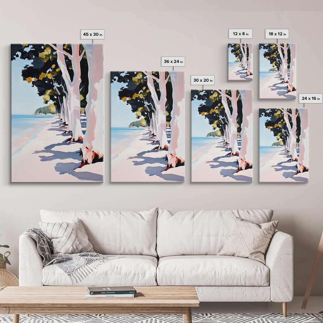 Coastal, Beach Path, Tree Lined, Framed Canvas Print, Ocean View Wall Art, Relaxing Home Decor, Seaside Landscape, Nautical Aesthetic