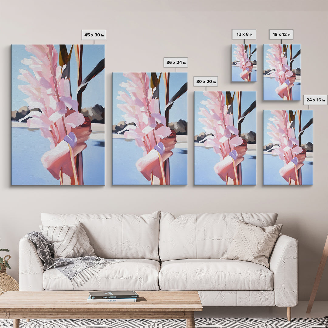 Botanical, Pink Flowers, Summer Nature Art, Canvas Print, Floral Painting, Minimalist Wall Decor, Feminine Home Art, Bedroom Wall Art