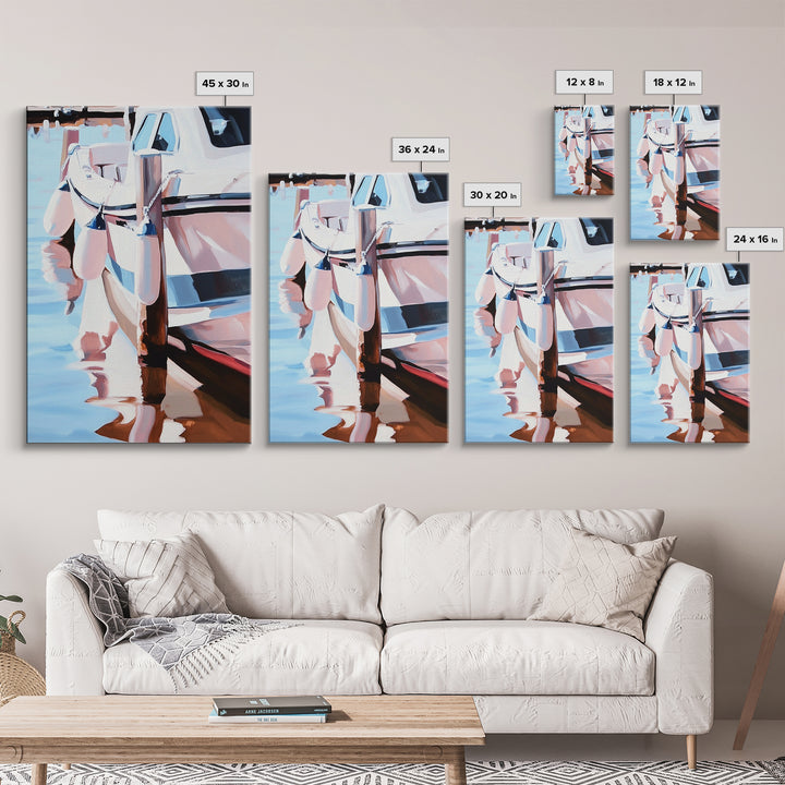 Docked Boat, Nautical Charm, Seaside Painting, Coastal Decor, Summer Vibes, Blue and White Art, Beach House Wall Art, Canvas Print