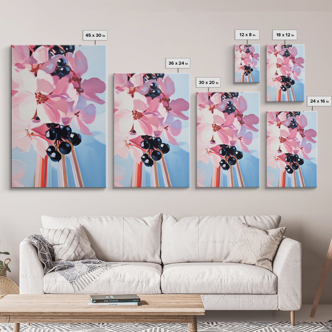 Blooming Flowers, Pink and Blue, Botanical Painting, Soft Aesthetic, Feminine Decor, Floral Home Art, Romantic Wall Art, Canvas Print
