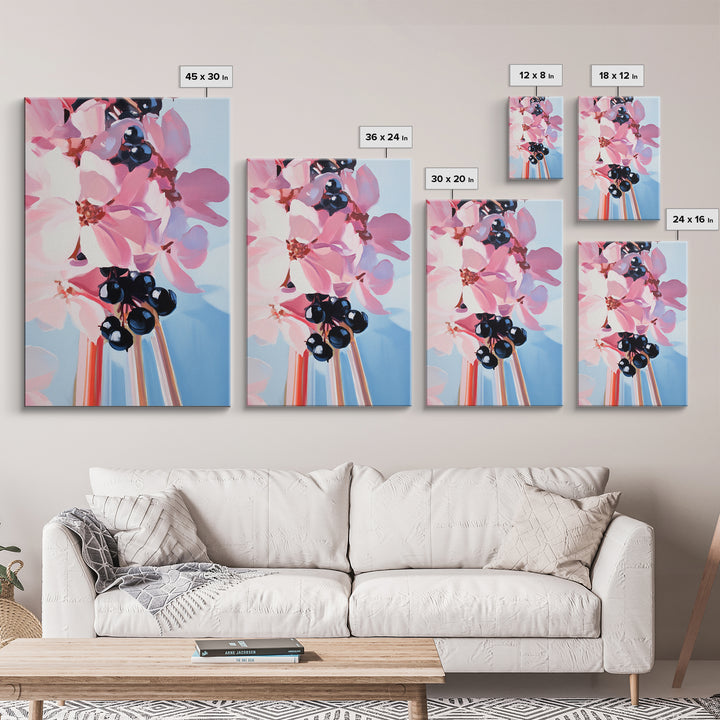 Blooming Flowers, Pink and Blue, Botanical Painting, Soft Aesthetic, Feminine Decor, Floral Home Art, Romantic Wall Art, Canvas Print