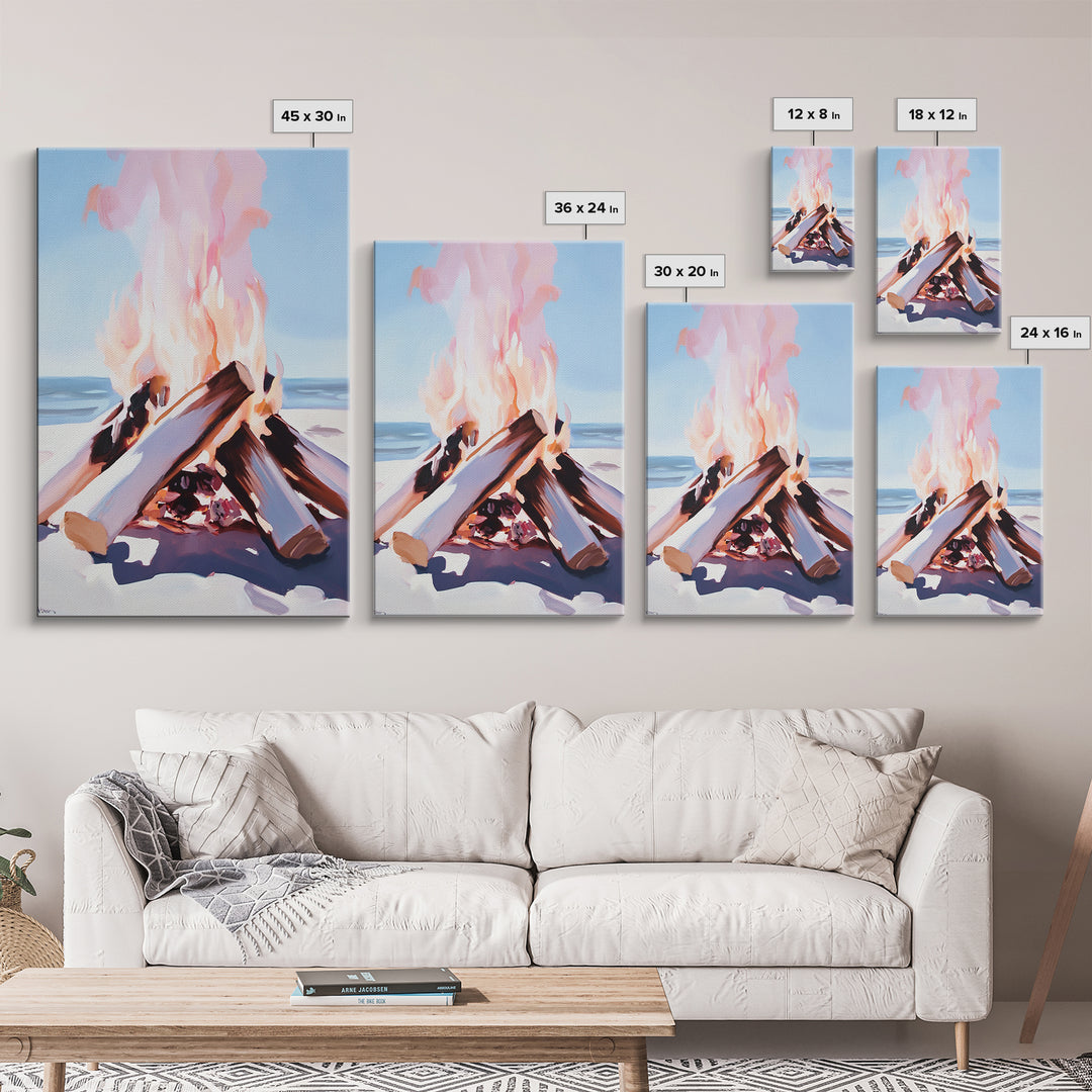 Beach Bonfire, Cozy Fire, Coastal Scene, Canvas Print, Warm Tones, Nautical Decor, Living Room Wall Art, Relaxing Nature Aesthetic