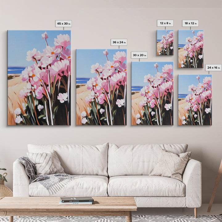 Coastal Flowers, Pink Daisy Art, Floral Beach Decor, Framed Canvas Print, Modern Boho Wall Art, Bedroom Artwork, Summer Aesthetic