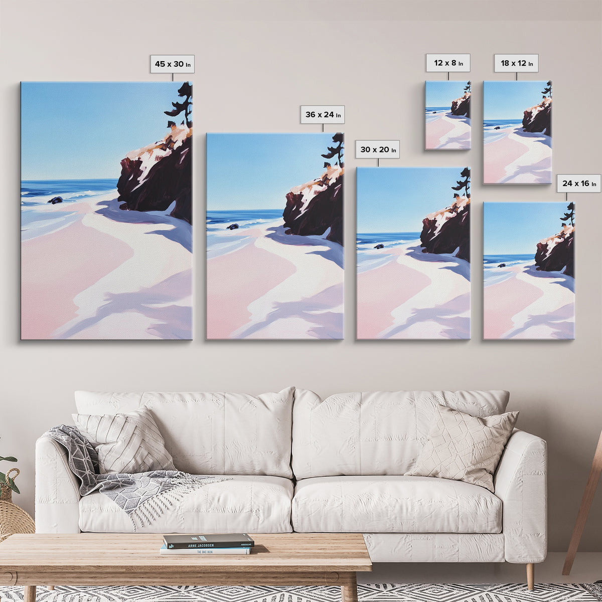 Beach View, Ocean Shore Art, Coastal Landscape Painting, Framed Canvas Print, Living Room Wall Art, Minimalist Seaside Decor