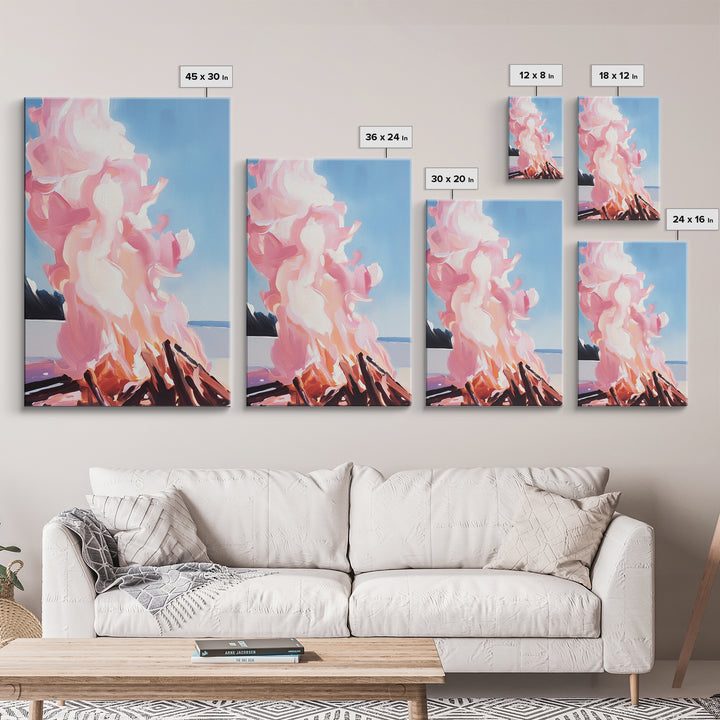 Billowing Smoke, Blazing Flames, Sunset Glow, Framed Canvas Print, Abstract Nature Art, Rustic Living Room Decor, Cozy Cabin Wall Art