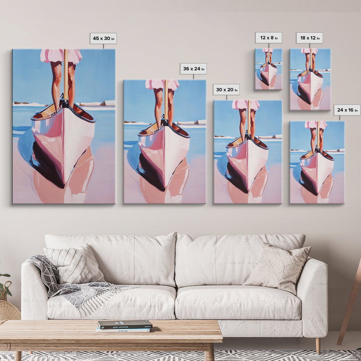 Pink Canoe, Girl, Reflection, Framed Canvas Print, Coastal Wall Art, Nautical Decor, Summer Aesthetic, Beach House Art, Boho Art