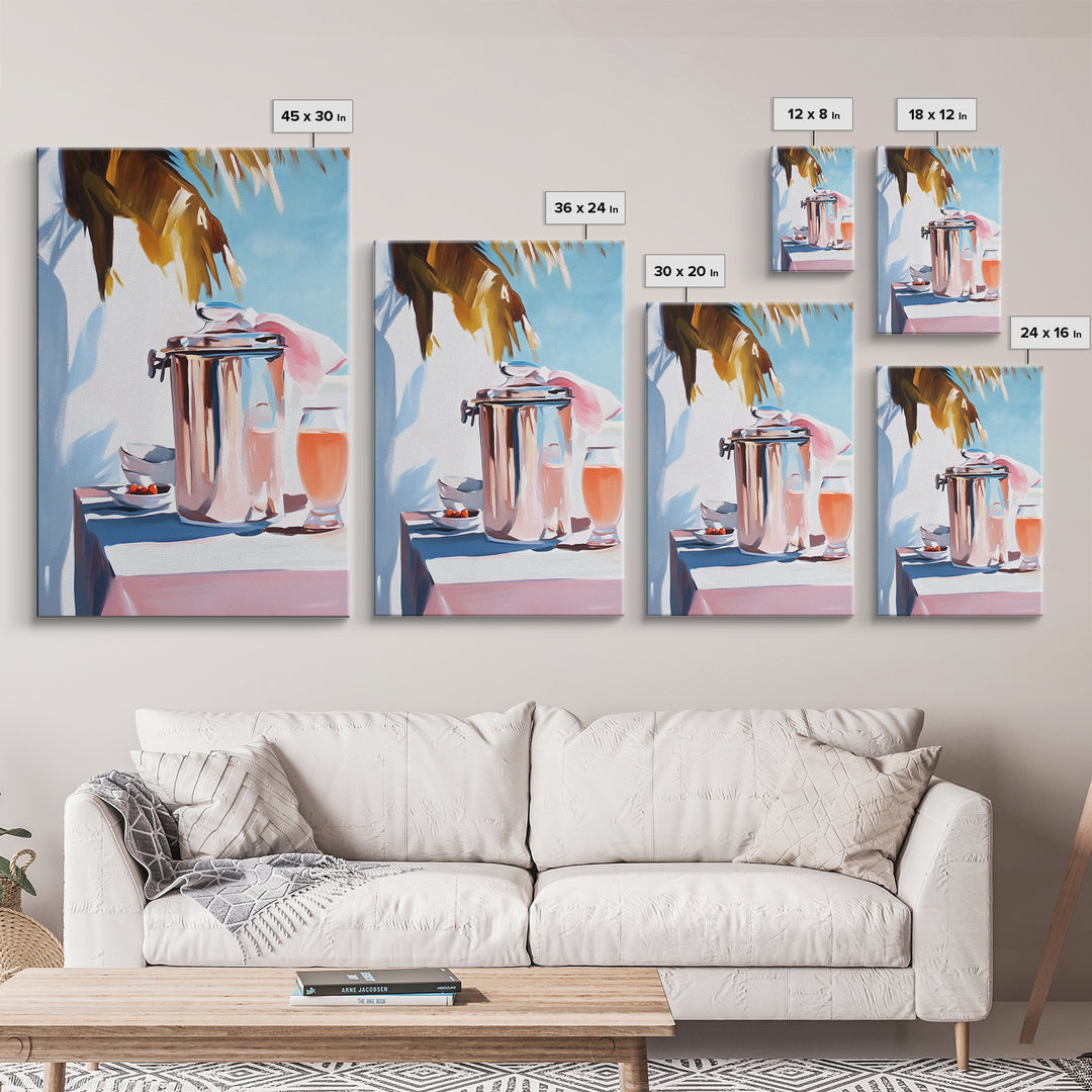 Beach Picnic, Palm Tree, Drinks, Framed Canvas Print, Summer Wall Art, Tropical Aesthetic, Kitchen Art, Coastal Home Decor, Boho Art