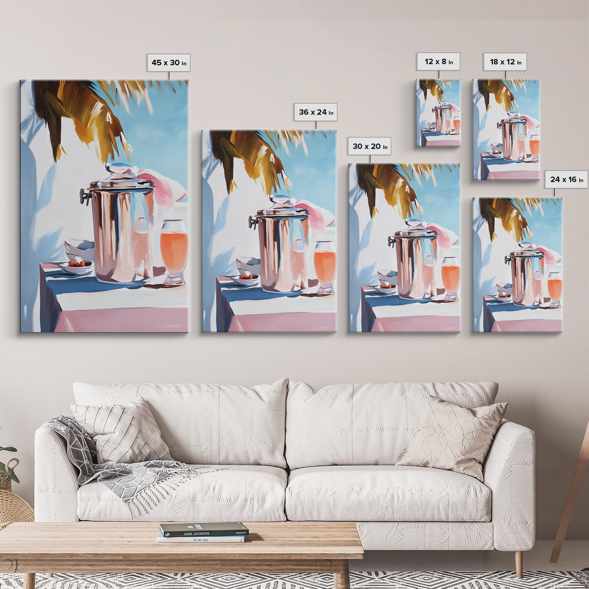 Beach Picnic, Palm Tree, Drinks, Framed Canvas Print, Summer Wall Art, Tropical Aesthetic, Kitchen Art, Coastal Home Decor, Boho Art