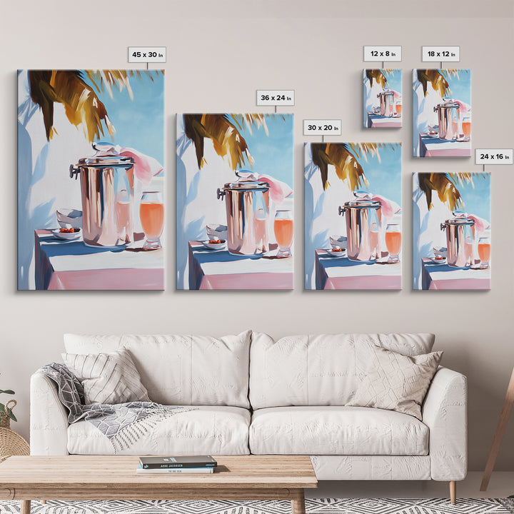 Beach Picnic, Palm Tree, Drinks, Framed Canvas Print, Summer Wall Art, Tropical Aesthetic, Kitchen Art, Coastal Home Decor, Boho Art