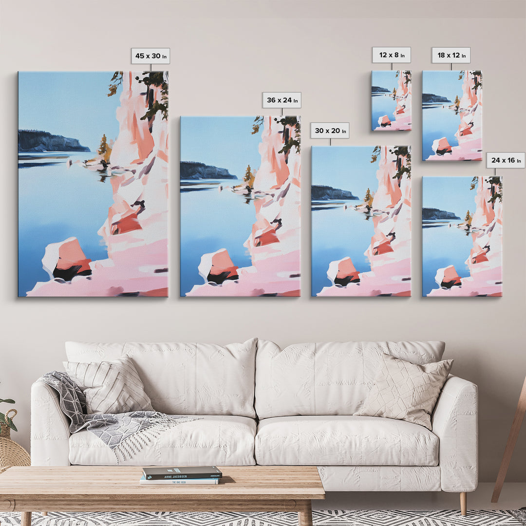 Cliffs, Water, Trees, Reflection, Framed Canvas Print, Nature Wall Art, Mountain Aesthetic, Lakehouse Decor, Minimalist Landscape