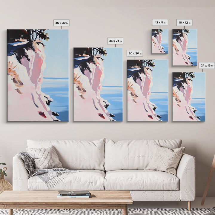 Cliffs and Water, Nature Wall Art, Minimalist Landscape, Coastal Home Decor, Blue and Pink Art, Framed Canvas Print, Office Wall Decor