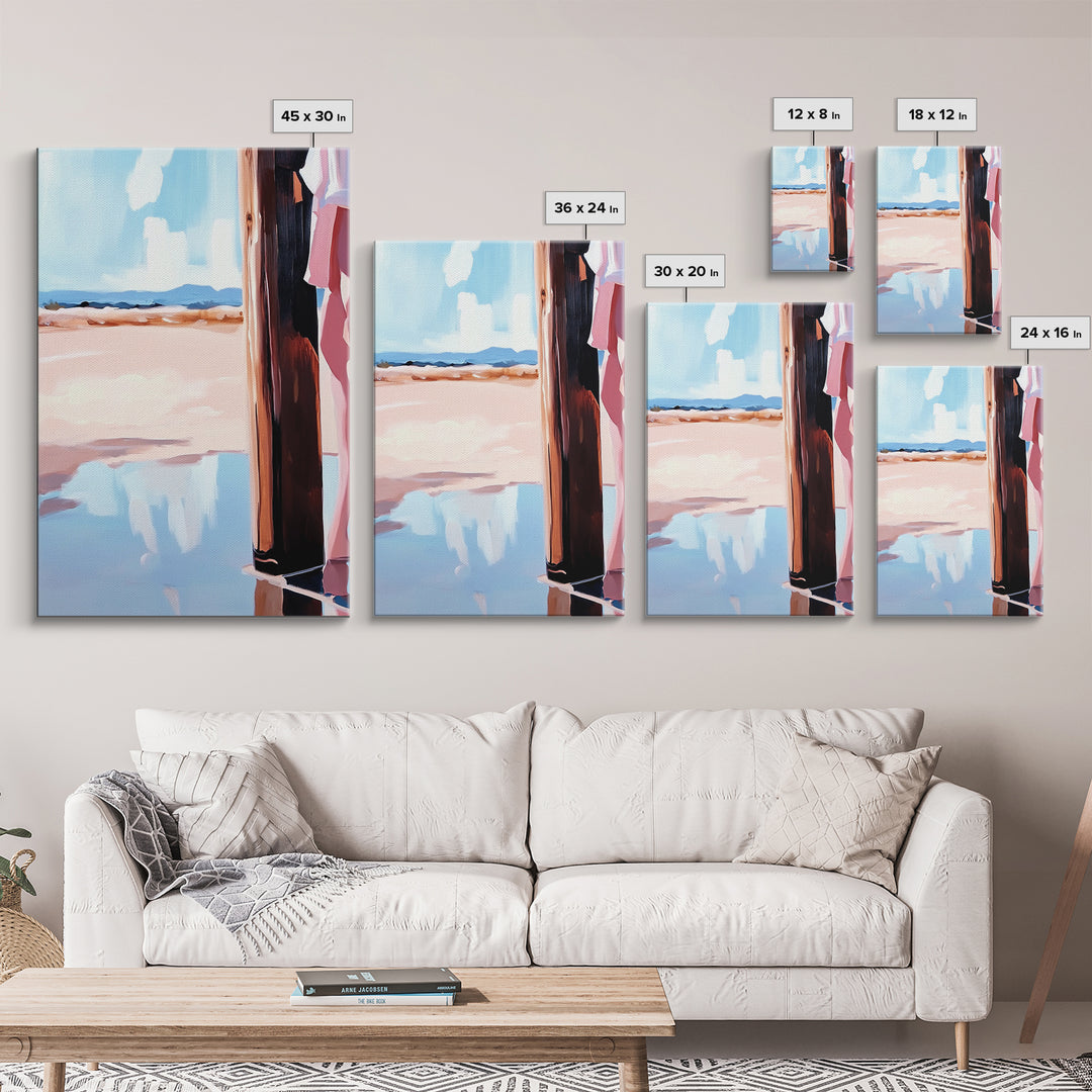 Coastal Fashion Art, Feminine Beach Scene, Pastel Summer Painting, Minimalist Boho Decor, Framed Canvas Print, Bedroom Wall Art