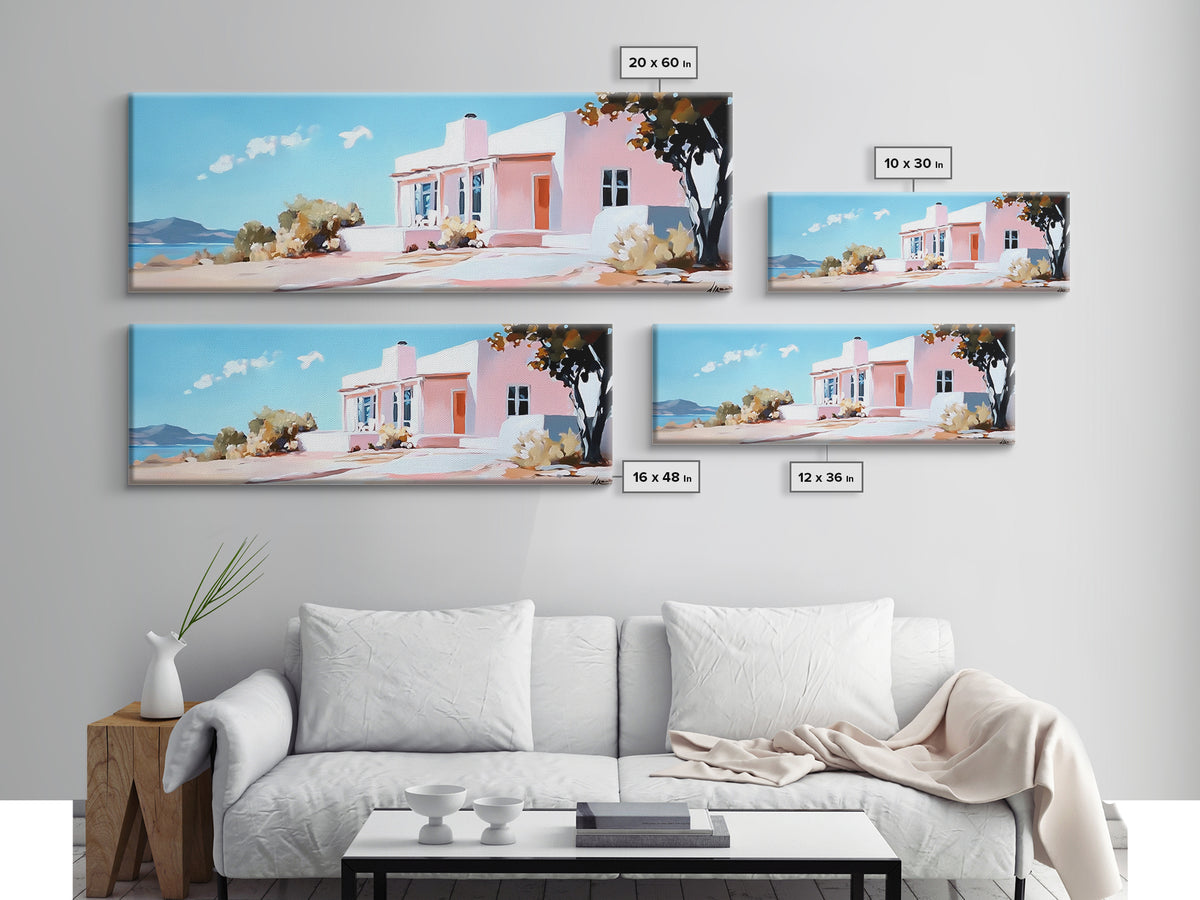 Coastal House, Summer Art, Beach Landscape, Framed Canvas Print, Mediterranean Wall Art, Minimalist Painting, Living Room Decoran Waves