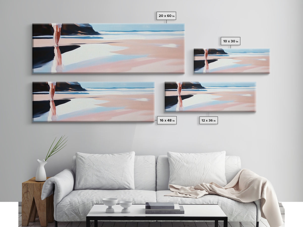 Coastal Stroll, Soft Pastel Beach, Minimalist Ocean Art, Canvas Print, Tranquil Shoreline, Boho Beach House Decor, Bedroom Wall Art