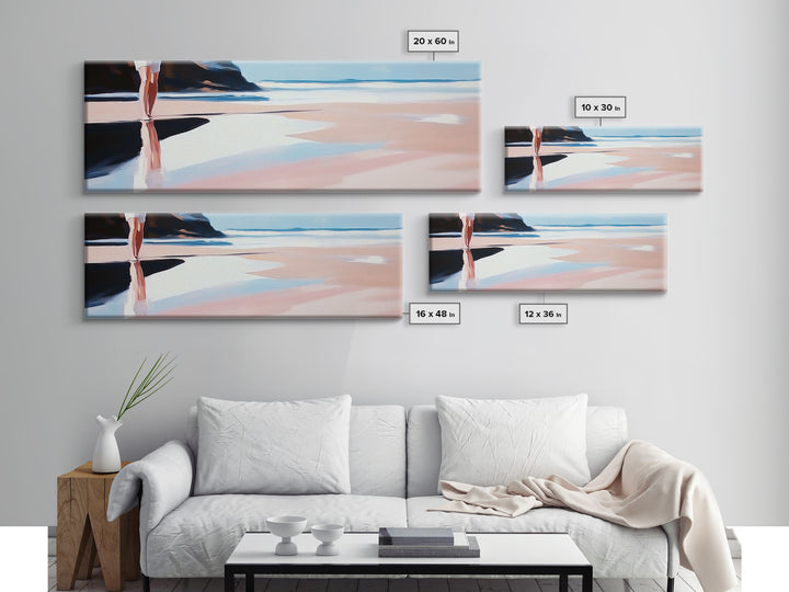 Coastal Stroll, Soft Pastel Beach, Minimalist Ocean Art, Canvas Print, Tranquil Shoreline, Boho Beach House Decor, Bedroom Wall Art