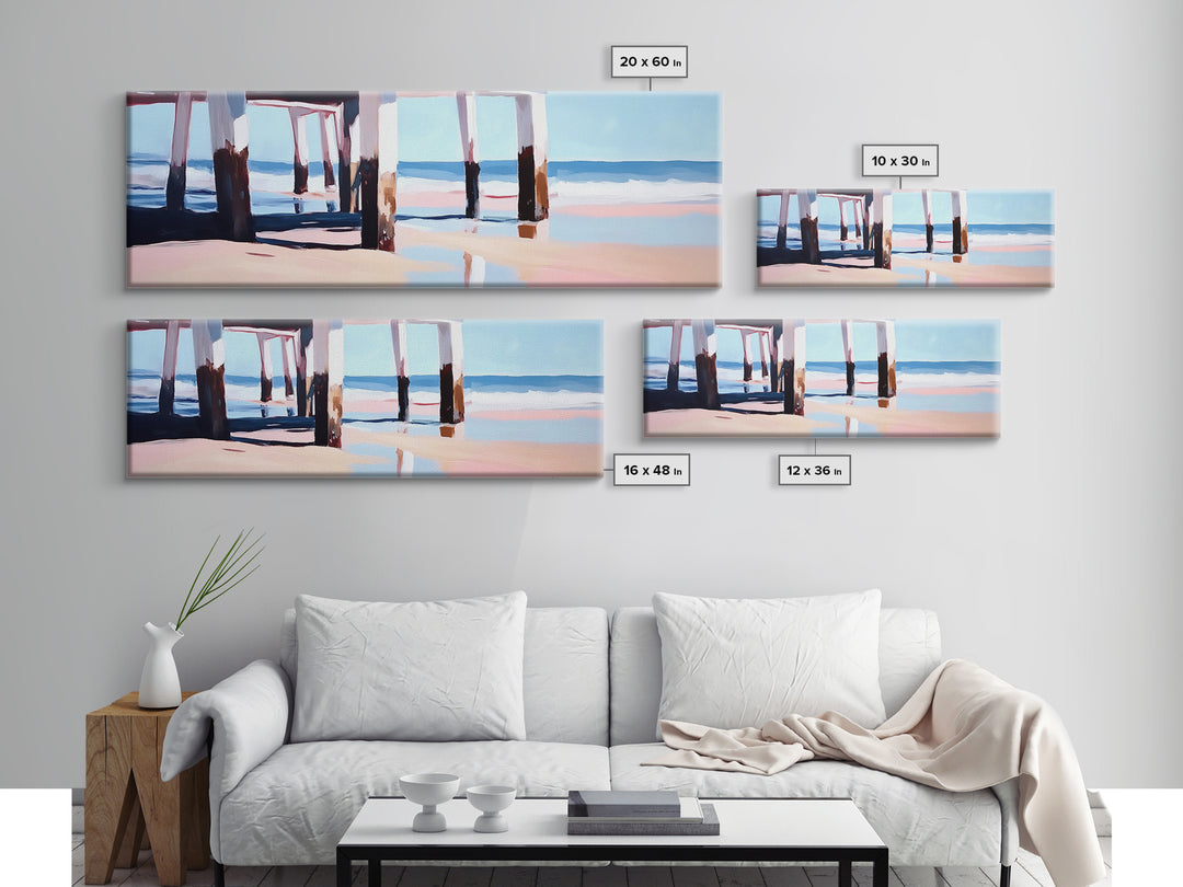 Beach Pier, Ocean Waves, Coastal View, Framed Canvas Print, Nautical Wall Art, Seaside Decor, Minimalist Beach House Art, Blue