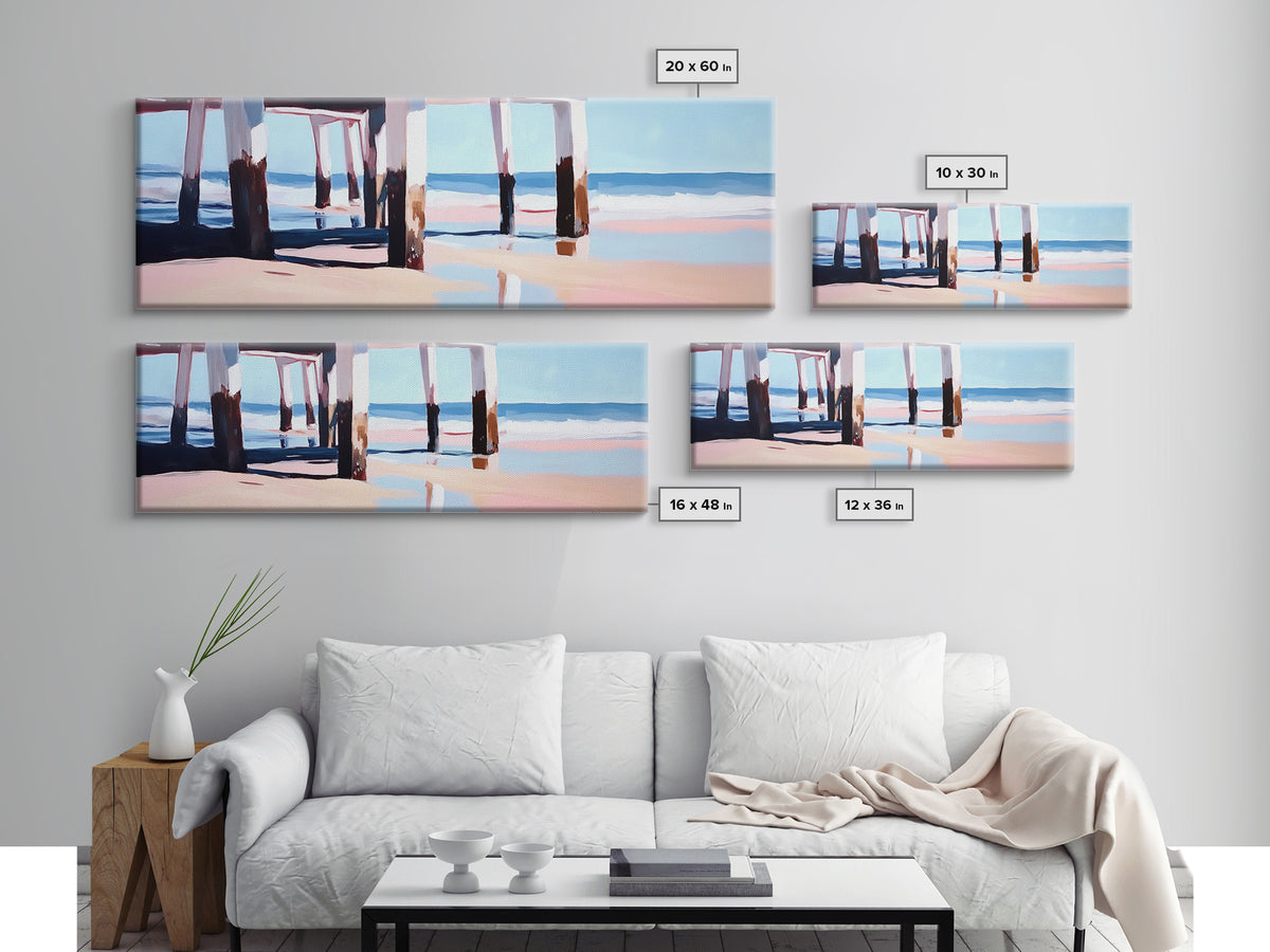 Beach Pier, Ocean Waves, Coastal View, Framed Canvas Print, Nautical Wall Art, Seaside Decor, Minimalist Beach House Art, Blue