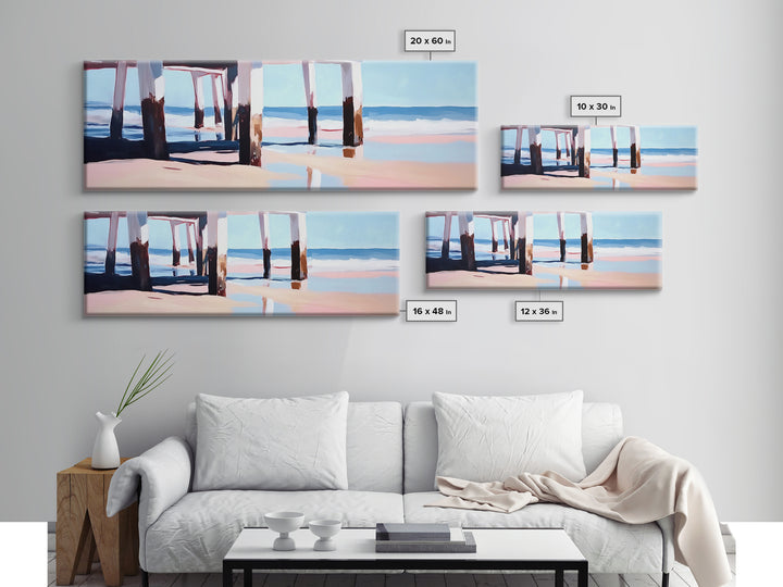Beach Pier, Ocean Waves, Coastal View, Framed Canvas Print, Nautical Wall Art, Seaside Decor, Minimalist Beach House Art, Blue