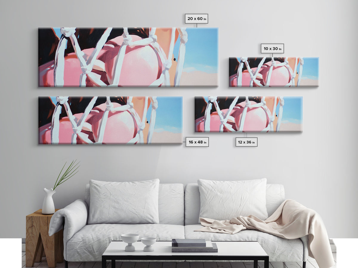 Rope Swing, Woman in Pink, Sunlit Sky, Framed Canvas Print, Summer Wall Art, Minimalist Decor, Feminine Aesthetic, Boho Art