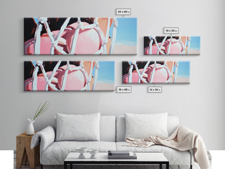 Rope Swing, Woman in Pink, Sunlit Sky, Framed Canvas Print, Summer Wall Art, Minimalist Decor, Feminine Aesthetic, Boho Art