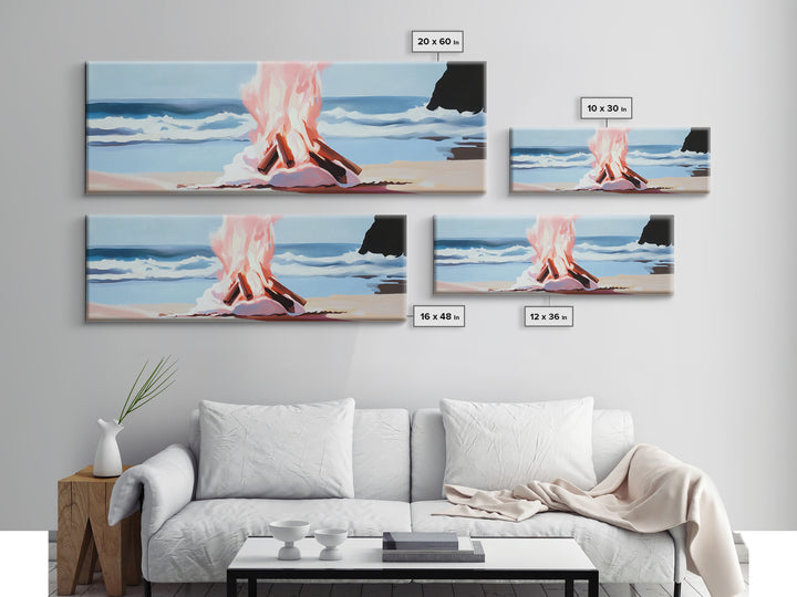 Beach Bonfire, Ocean Fire, Coastal Campfire, Framed Canvas Print, Seaside Night Art, Relaxing Summer Scene, Nautical Wall Decor