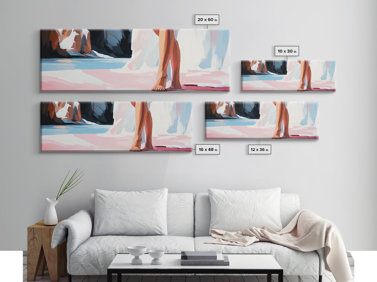 Barefoot Woman, Flowing Pink Dress, Water Reflection, Canvas Print, Feminine Wall Art, Elegant Bedroom Decor, Soft Pastel Aesthetic