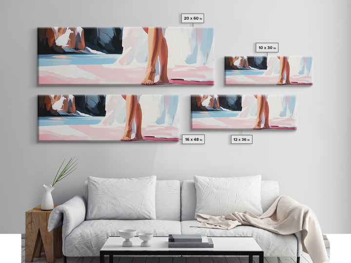 Barefoot Woman, Flowing Pink Dress, Water Reflection, Canvas Print, Feminine Wall Art, Elegant Bedroom Decor, Soft Pastel Aesthetic
