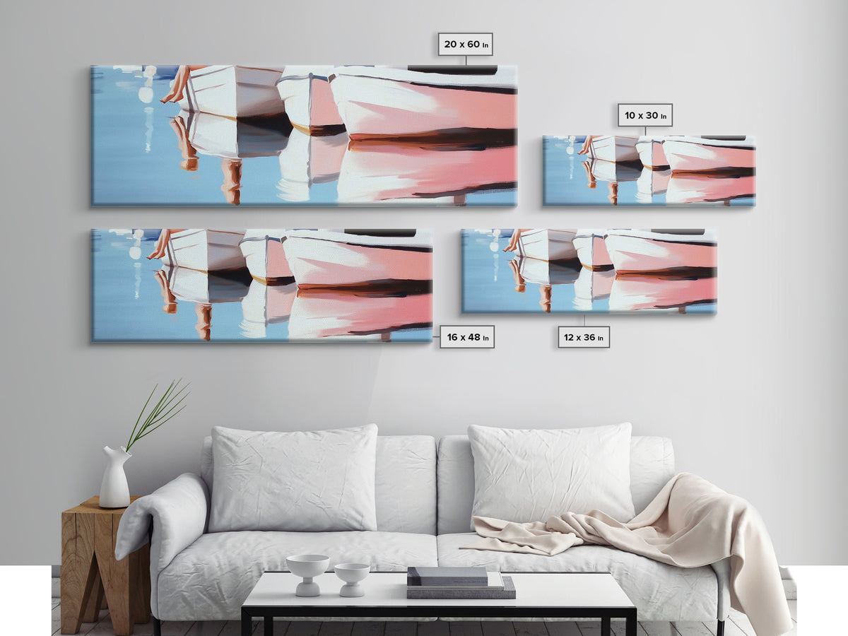 Boats, Reflection, Soft Pastel Aesthetic, Canvas Print, Nautical Wall Art, Minimalist Home Decor, Living Room Accent, Calm Coastal Scene