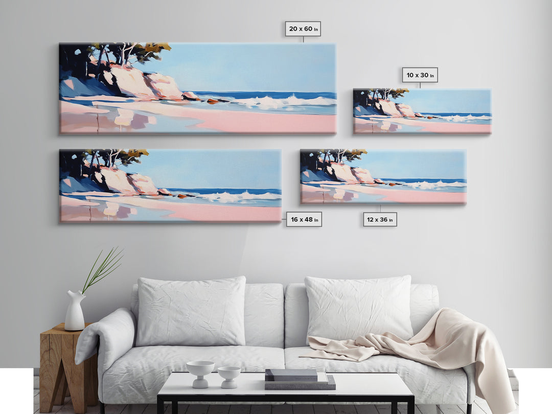 Cliffs, Waves, Pink Sand, Framed Canvas Print, Seascape Wall Art, Coastal Home Decor, Ocean Scene, Pastel Aesthetic, Relaxing Landscape