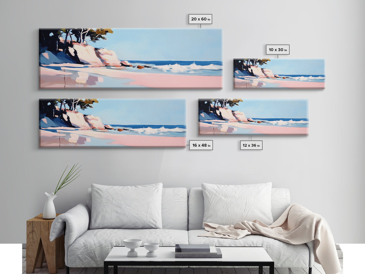 Cliffs, Waves, Pink Sand, Framed Canvas Print, Seascape Wall Art, Coastal Home Decor, Ocean Scene, Pastel Aesthetic, Relaxing Landscape